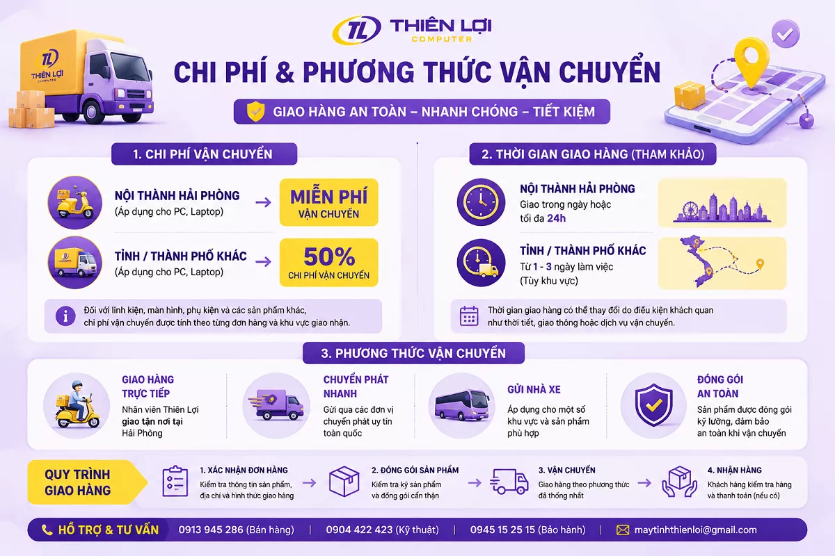 Bảng tóm tắt chính sách giao hàng và hỗ trợ phí vận chuyển tại Thiên Lợi Computer Hải Phòng. Chính sách vận chuyển và giao nhận hàng Máy Tính Thiên Lợi Hải Phòng