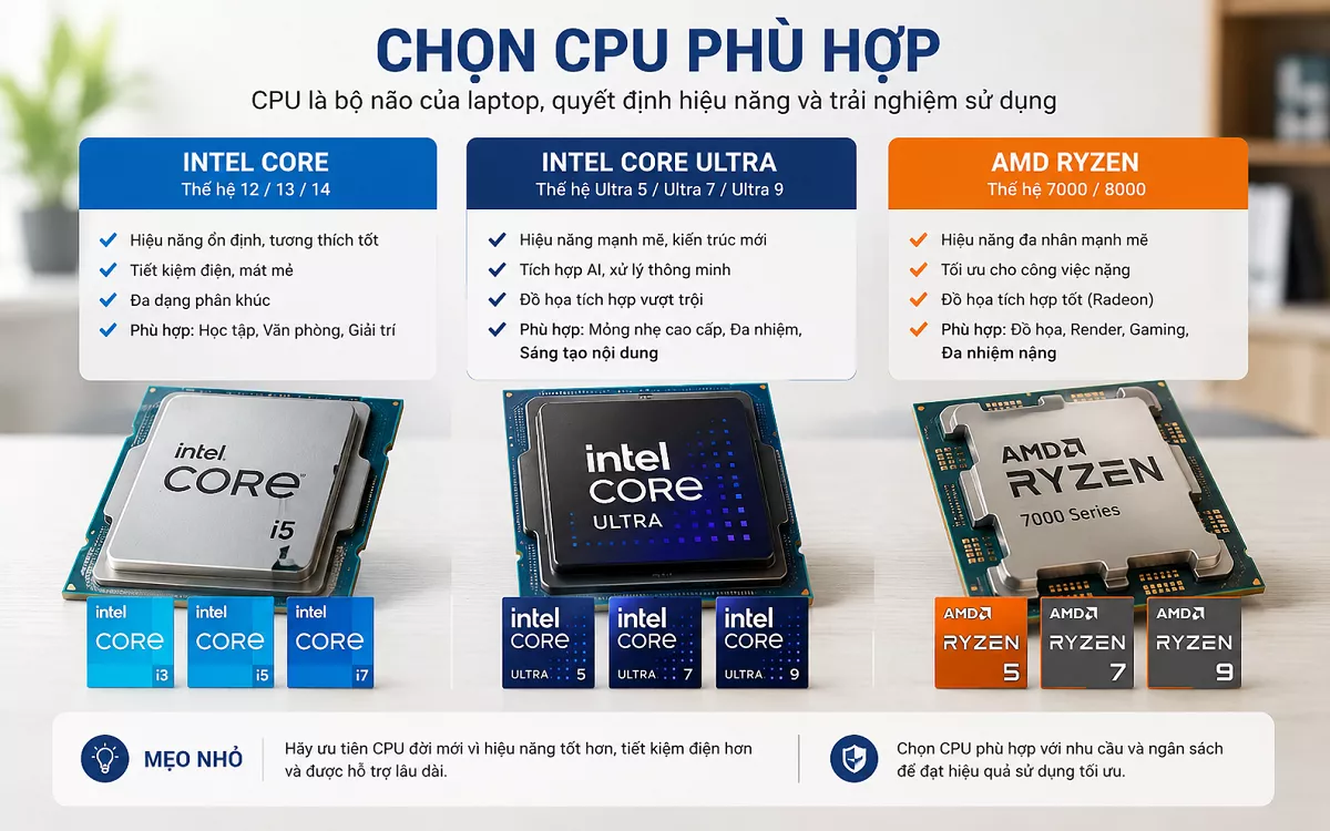 Bảng hướng dẫn tối ưu lựa chọn CPU cho laptop