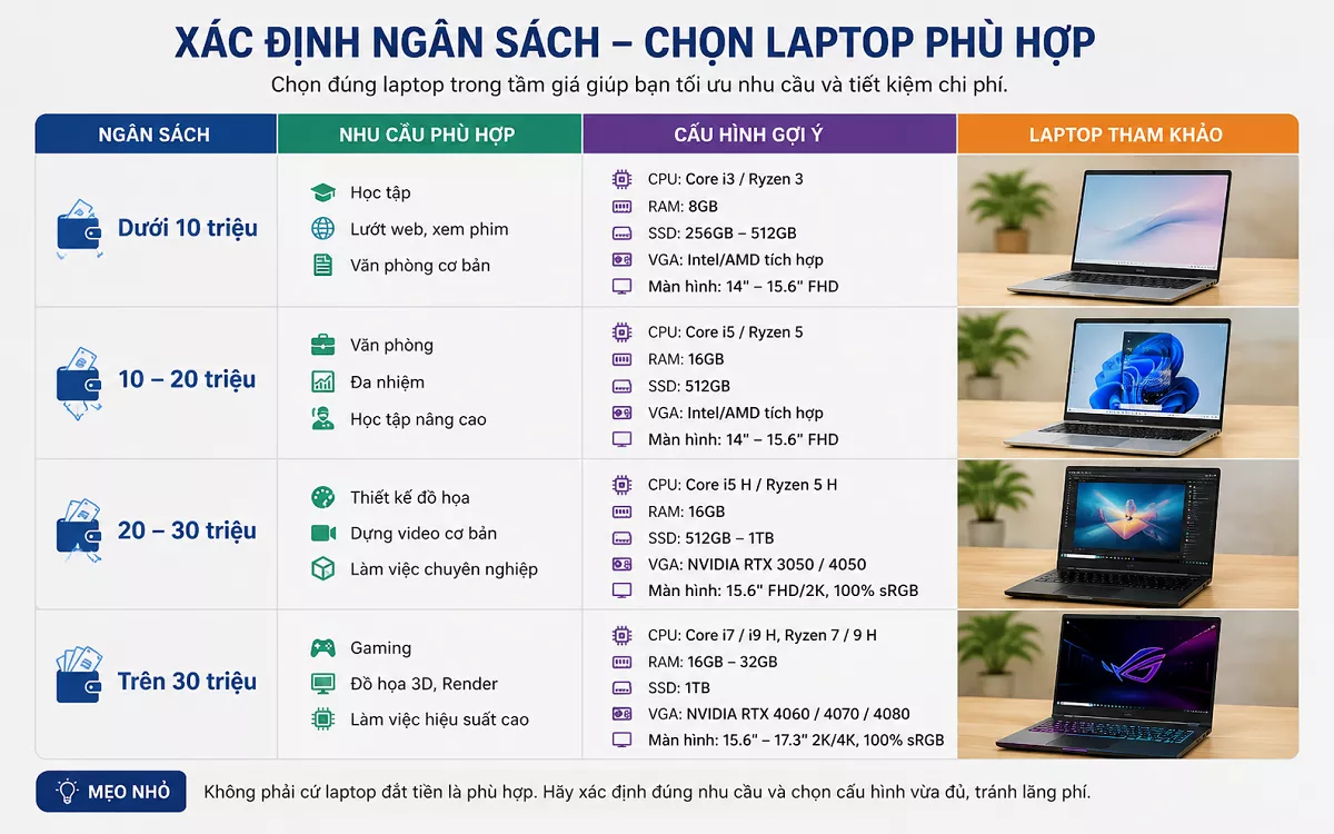 Bảng hướng dẫn xác định ngân sách chọn mua laptop