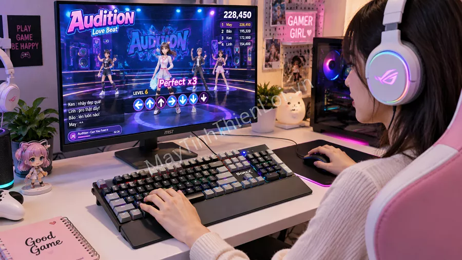 Nữ game thủ chơi game Audition với bàn phím cơ Sorex SK104