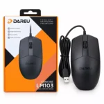 Chuột có dây Dareu LM103 màu đen cạnh hộp sản phẩm