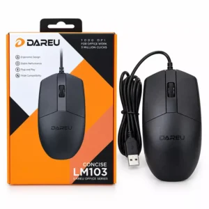 Chuột có dây Dareu LM103 màu đen cạnh hộp sản phẩm