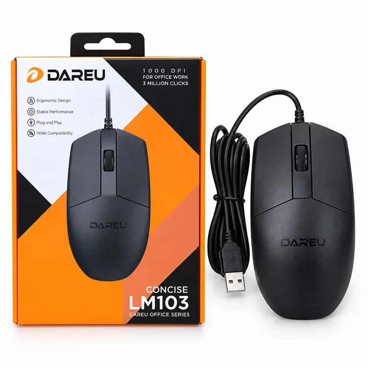 Chuột có dây Dareu LM103 màu đen cạnh hộp sản phẩm