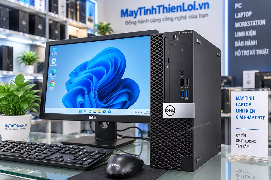 Case Dell OptiPlex 5050 SFF đặt đứng cạnh màn hình trên bàn làm việc