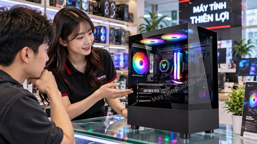 Nhân viên giới thiệu vỏ case Gaming Start 3FG tại cửa hàng