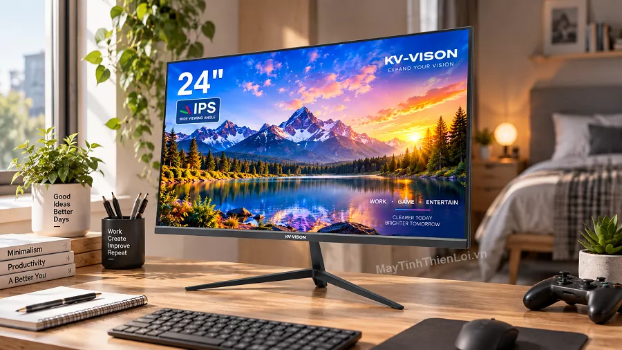 Không gian setup bàn làm việc với màn hình KV-Vision KVG24120FL 24 inch
