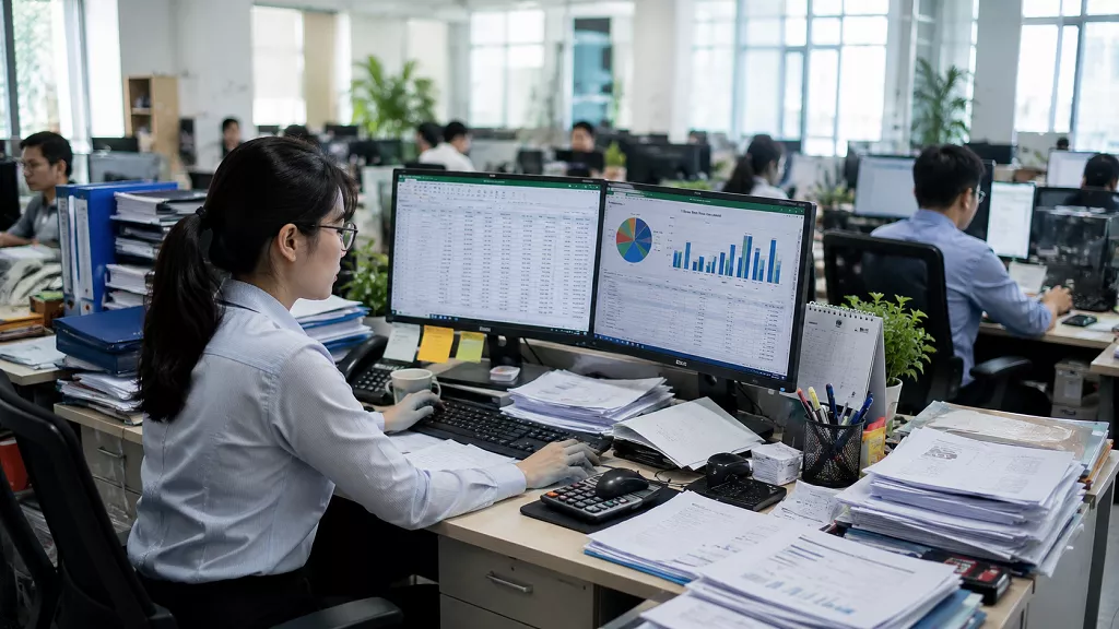 Nữ nhân viên kế toán sử dụng máy tính để bàn hai màn hình tại văn phòng.