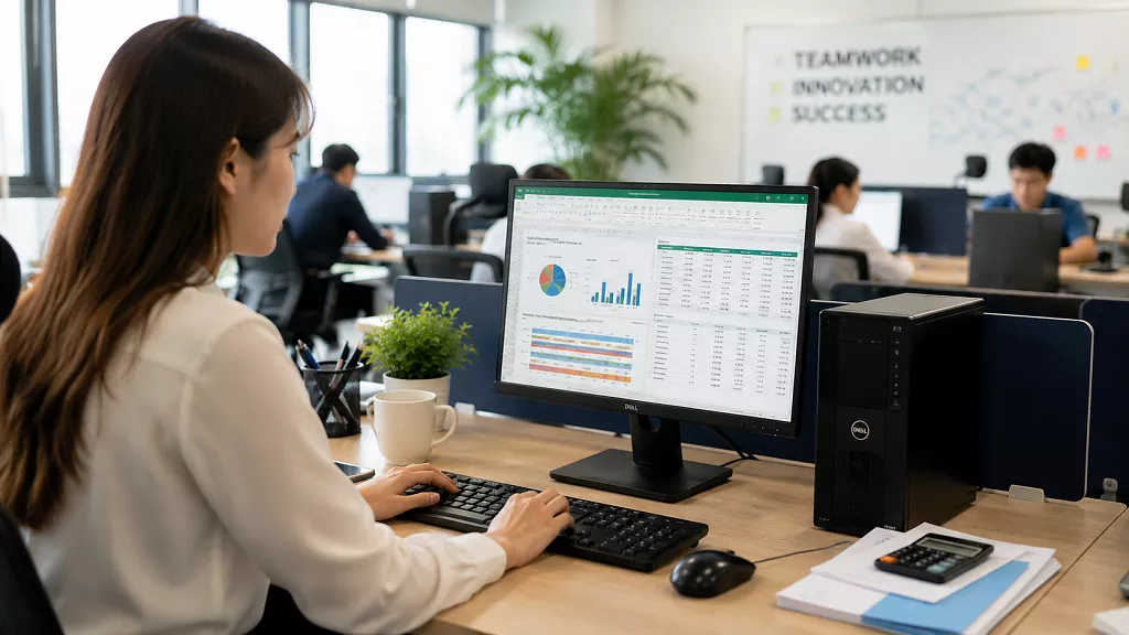 Nhân viên làm việc với bộ máy tính văn phòng tại bàn làm việc doanh nghiệp
