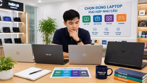 Kỹ thuật viên Thiên Lợi Computer tư vấn chọn mua laptop phù hợp nhu cầu học tập, văn phòng, đồ họa và gaming