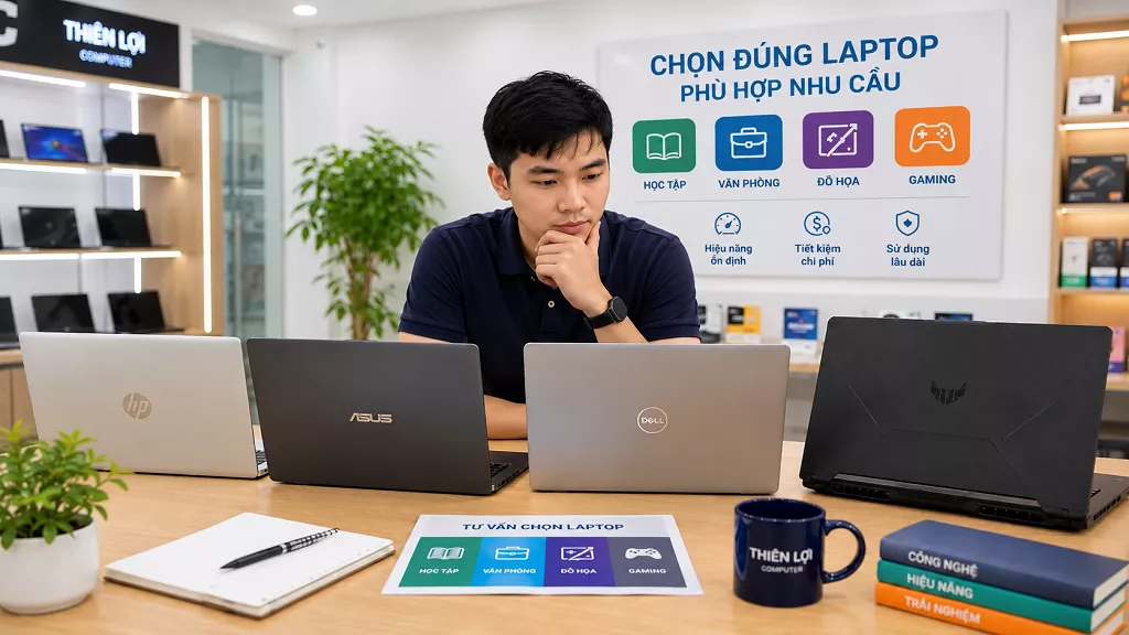 Kỹ thuật viên Thiên Lợi Computer tư vấn chọn mua laptop phù hợp nhu cầu học tập, văn phòng, đồ họa và gaming