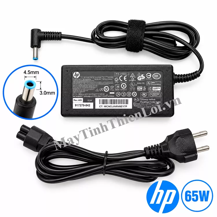 Chi tiết đầu cắm sạc laptop HP 65W chân kim nhỏ viền xanh