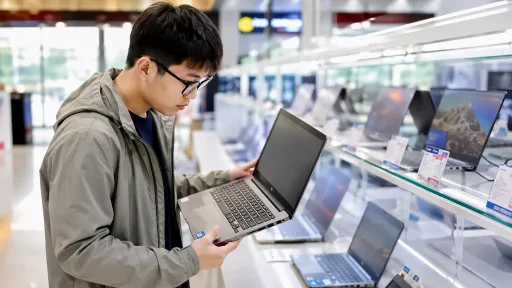 Sinh viên đang trải nghiệm và chọn mua laptop tại cửa hàng Máy Tính Thiên Lợi