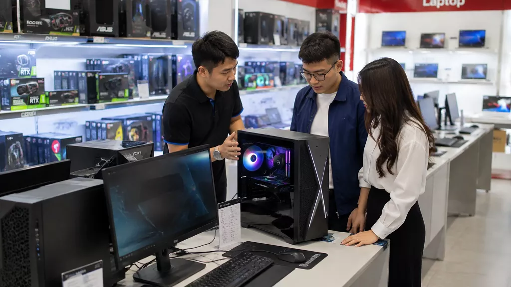 Nhân viên tư vấn lựa chọn máy tính để bàn cho khách hàng tại showroom