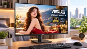Màn hình ASUS VA27AQ 27 inch QHD hiển thị sắc nét đặt trên bàn làm việc
