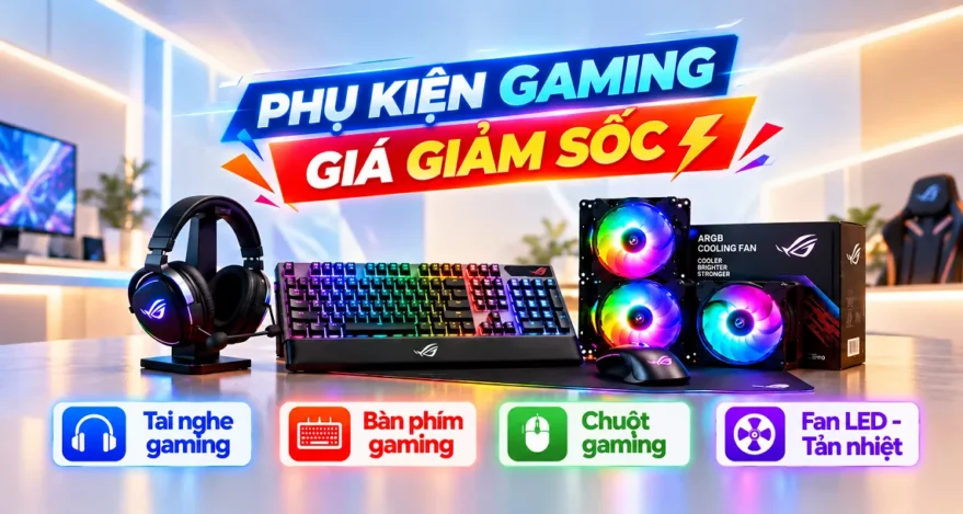 Banner chương trình giảm giá phụ kiện gaming bàn phím chuột tai nghe tản nhiệt
